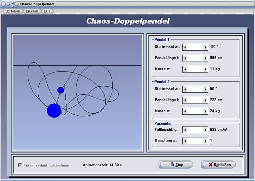 PhysProf - Chaotisches Pendel - Pendelstangen - Koppelung - Kopplung - Gekoppelt - Dämpfungskoeffizient - Doppeltes Fadenpendel - Gekoppelte Pendel - Simulation - Bild - Darstellen - Gekoppeltes Pendel - Grafik - Animation - Rechner - Berechnen