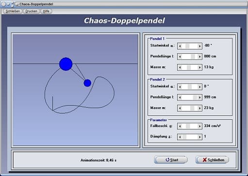 PhyProf - Chaotisches Pendel - Verhalten - Dämpfung - Berechnen - Rechner - Masse - Winkel - Pendellänge - Dämpfungskoeffizient - Darstellen - Auslenkung - Anfangsbedingungen - Koppelung - Kopplung - Gekoppelt - Dämpfungskoeffizient - Doppeltes Fadenpendel