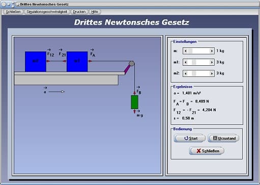 PhysProf - Axiome - Drittes Newtonsches Gesetz - Newtonsche Gesetze - Kraft - Masse - Weg - Bewegung - Physik - Darstellen - Plotten - Graph - Rechner - Berechnen - Grafik - Plotter - Simulation - Animationp - Aktionsprinzip - Aktionskraft - Reaktionskraft - Actio - Reactio