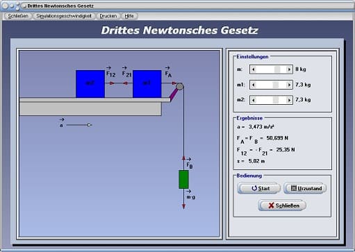 PhysProf - 3. Newtonsches Gesetz - Newtonsches Axiom - 3. Newtonsches Axiom - Wechselwirkungsgesetz - Trägheitsprinzip - Trägheitsgesetz - Kräftegleichgewicht - Kraftwirkungsprinzip - Wechselwirkungsprinzip - Aktionskraft - Reaktionskraft - Rechner - Berechnen - Grafik - Animation