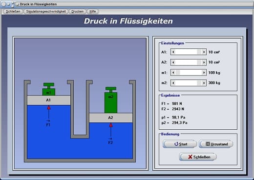 PhysProf - Druck berechnen - Fläche - Wasserdruck - Flüssigkeit - Flüssigkeiten - Verhältnis - Formel - Formelzeichen - Experiment - Naturwissenschaftliche Grundlagen - Wasser - Kolben - Hydraulisch - Hydraulische Presse - Hydraulisches System - Hydraulik - Hydrauliksystem - Hydraulische Anlagen - Schweredruck - Schweredruck in Flüssigkeiten - Gewichtsdruck - Rechner - Berechnen