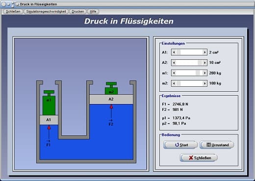 PhysProf - Hydraulische Systeme - Hydraulisches System - Hydrauliksystem - Hydraulische Anlagen - Druck - Kraft - Auflagedruck - Druck berechnen - Fläche - Flächenverhältnis - Pascalsches Gesetz - Pa - Pascal - Drücke - Wirkung - Physik - Physikalisch - Rechner - Berechnen