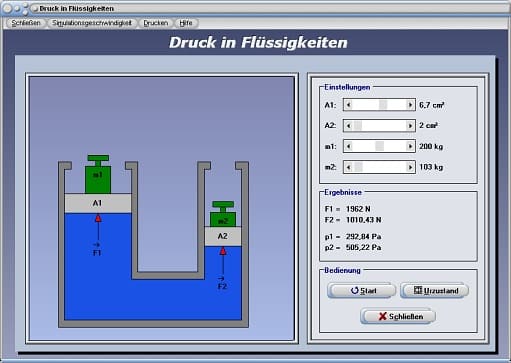 PhysProf - Hydraulik - Berechnen - Druck - Masse - Hydraulische - Anlagen - Hydraulischer Druck - Hydrostatisches Paradoxon - Druck in Flüssigkeiten - Druckausbreitung - Bar - Simulation - Rechner - Darstellen - Gesetzmäßigkeiten - Physikalische Gesetze - Physikalische Formel - Physikalische Formeln - Kolbendruck