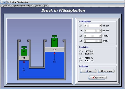 PhysProf - Verhältnis - Formel - Experiment - Naturwissenschaftliche Grundlagen - Statischer Druck - Aufgaben - Lösungen - Darstellung - Berechnungsformel - Physikalischer Druck - Drücke - Physik - Physikalisch - Kolbendruck - Flächenverhältnis - Hydraulik - Rechner - Berechnen