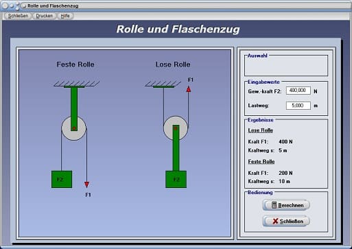 PhysProf - Seil - Seile - Lastseil - Zugseil - Eine Rolle - Einfach - Lastkraft - Rechner - Berechnen - Gleichung - Formel - Gewicht - Lastweg - Zugweg - Rollen - Potenzflaschenzug - Seilwinde - Seilkraft - Einfacher Flaschenzug - Kraftwandler - Zugkraft - Hub - Hubarbeit