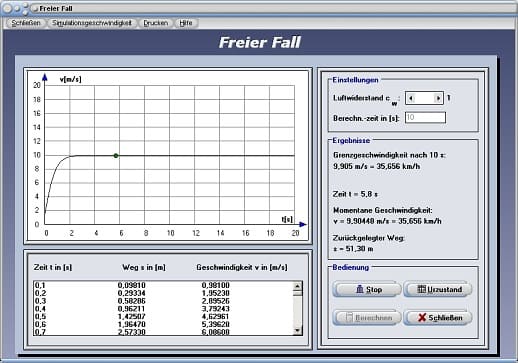 PhysProf - Freier Fall - Berechnen - Geschwindigkeit - Graph - Weg - Masse - Physik - Simulator - Zeit - Fallgeschwindigkeit - Luftwiderstand - v-t-Diagramm - Fallbeschleunigung - Masse - Luftwiderstandskraft - Luftwiderstandsbeiwert - Darstellen - Rechner