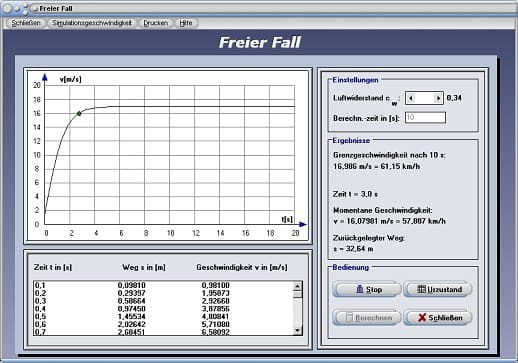 PhysProf - Freier Fall - Luftwiderstand - Gewichtskraft - Luftreibung - Endgeschwindigkeit - Formel - Einheiten - Formelzeichen - Zeit - Diagramm - Fallzeit - Falldauer - Fallbewegung - Weg - Geschwindigkeit - Darstellen - Rechner - Berechnen - Grafik