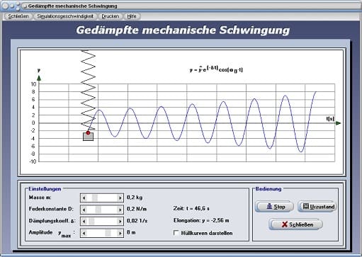 PhysProf - Gedämpfte Schwingung - Masse - Amplitude - Hüllkurve - Feder - Dämpfungskoeffizient - Federpendel - Einhüllende - Frequenz - Elongation - Dämpfungskonstante - Exponentialfunktion - Versuch - Dynamische Systeme - Gedämpftes Federpendel - Berechnen - Rechner