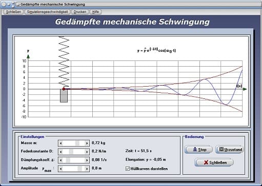 PhysProf - Federmasse - Periode - Simulation - Schwingungen - Gedämpft - Schwingungsdämpfung - Schwingungsdauer - Schwingungskurve - Weg - Zeit - Darstellen - Grafisch - Rechner - Berechnen - Grafik - Diagramm - Schwingungskonstante - Schwingungsperiode