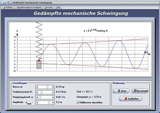 PhysProf - Gedämpfte Schwingung - Dynamische Systeme - Gedämpftes Federpendel - Reibungskonstante - Federkonstante - Schwingungsfrequenz - Aperiodische Schwingung - Konstante - Periodendauer - Auslenkung - Rechner - Berechnen - Tabelle