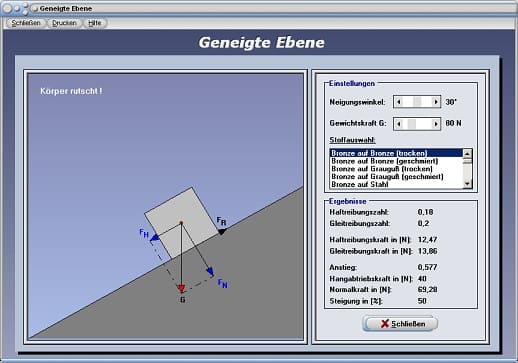 PhysProf - Geneigte Ebene - Schiefe Ebene - Schräge Ebene - Steigung - Hangabtriebskraft - Normalkraft - Reibung - Gleitreibung - Haftreibung - Gleitreibungszahl - Haftreibungszahl - Formeln - Formel - Reibungskraft - Kräfte - Experiment - Gleitreibungskraft - Rechner - Berechnen - Darstellen - Plotten - Grafik - Plotter