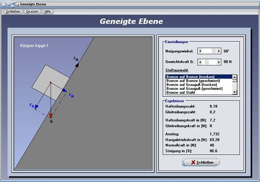 PhysProf - Schiefe Ebene - Gewichtskraft - Gravitationskraft - Fahrwiderstand - Fahrwiderstände - Fahrwiderstandszahl - Formel - Tabelle - Zugkraft - Gefälle - Hang - Anstieg - Gleiten - Reibungszahlen - Rechner - Berechnen - Gleitreibungskraft - Zeichnen - Simulation - Animation - Bild - Berechnung - Darstellung