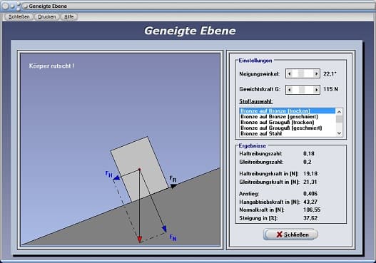 PhysProf - Experiment - Gleitreibungskraft - Schiefe Ebene - Gewichtskraft - Gravitationskraft - Zugkraft - Gefälle - Hang - Anstieg - Gleiten - Kippmoment - Kraft - Reibungszahlen - Winkel - Steigungswinkel - Neigungswinkel 