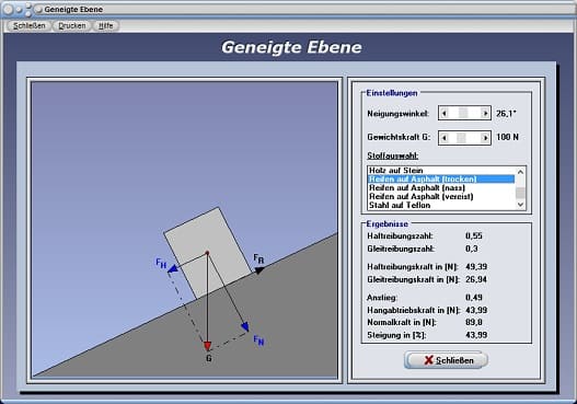 PhysProf - Rollreibung - Rollreibungskraft - Rollwiderstand - Rollwiderstandskoeffizient - Rollwiderstandsbeiwert - Rollreibungsbeiwert - Reibungszahl - Reibungskoeffizient - Reibbeiwert - Reibung - Gleitreibung - Haftreibung - Gleitreibungszahl - Haftreibungszahl - Formeln - Gravitationskraft - Zugkraft - Gefälle - Hang - Anstieg - Berechnen - Rechner