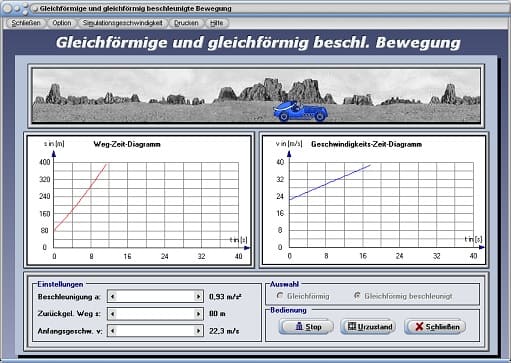 PhysProf - Konstante Bewegung - Gleichmäßige Beschleunigung - Konstante Beschleunigung - Beschleunigte Bewegung - Bewegung von Körpern - Geschwindigkeit - Konstante Geschwindigkeit - Bewegungsgleichung - Allgemeine Bewegungslehre - Rechner - Berechnen