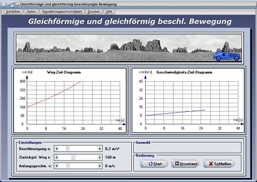 PhysProf - Beschleunigung - Strecke - Geradlinige Bewegung - Bewegungsdiagramme - Diagramm - Rechner - Berechnen - Simulator - Beispiel - Physikalische Formel - Physikalische Formeln - Einheit - m/s - km/h - m - km - Vorgang - Berechnungsformel - Geschwindigkeitsformel