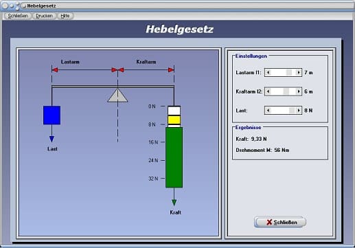 PhysProf - Hebelgesetz - Last - Kraft - Drehmoment - Moment - Experiment - Hebelweg - Weg - Hebel berechnen - Kraftumformende Einrichtungen - Erklärung - Physikalische Kräfte - Drehachse - Beschreibung - Hebelprinzip - Lastarm - Kraftarm - Animation - Berechnen - Drehpunkt - Formel - Gleichung - Physik - Versuch - Rechner - Simulation