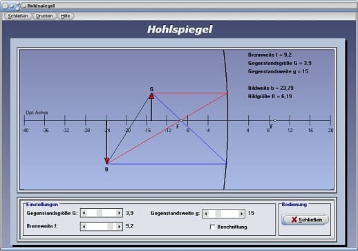 PhysProf - Hohlspiegel - Lichtbrechung - Brennweite - Gegenstandsweite - Gegenstandsgröße - Darstellen - Rechner - Berechnen - Grafik - Bildkonstruktion - Strahlen - Lichtstrahlen - Lichtstrahlenmodell - Zeichnen - Aufbau - Position - Proportion - Strahlengang - Bildweite - Bildgröße