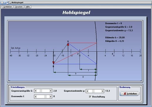 PhysProf - Hohlspiegel - Brennpunktstrahl - Parallelstrahl - Lichtbrechung - Bildweite - Bildgröße - Brennweite - Brennpunkt - Berechnen - Physik - Physikalisch - Simulation - Strahlengang - Abbildung - Darstellen - Rechner - Grafik