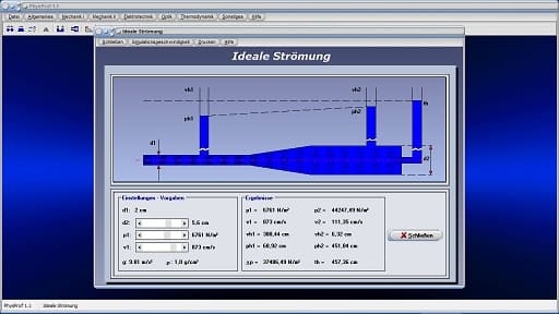 PhysProf - Strömung - Visualisierung - Simulation - Druck - Drücke - Dichte - Rohr - Rohrleitung - Strömung im Rohr - Laminar - Laminare Strömung - Flüssigkeitssäule - Zylinder - Geschwindigkeit - Ventouri-Effekt - Berechnen - Gesetzmäßigkeiten - Flüssigkeitsspiegel - Druck in Säule