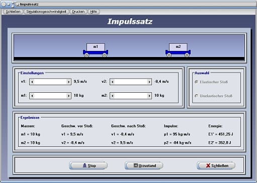 PhysProf - Impulssatz - Elastischer Stoß - Unelastischer Stoß - Zentraler Stoß - Zentraler elastischer Stoß - Plastischer Stoß - Zentraler unelastischer Stoß - Unelastischer Stoß - Elastische Stöße - Rückstoßimpuls - Energiesatz - Rechner - Berechnen