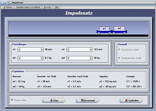 PhysProf - Impulserhaltungssatz - Stoß zweier Kugeln - Erhaltungssatz - Wucht - Formeln - Teilelastischer Stoß - Gerader elastischer Stoß - Zentraler gerader elastischer Stoß - Verformung - Stoßparameter - Verformungsenergie - Mechanik - Rechner - Grafik - Simulation
