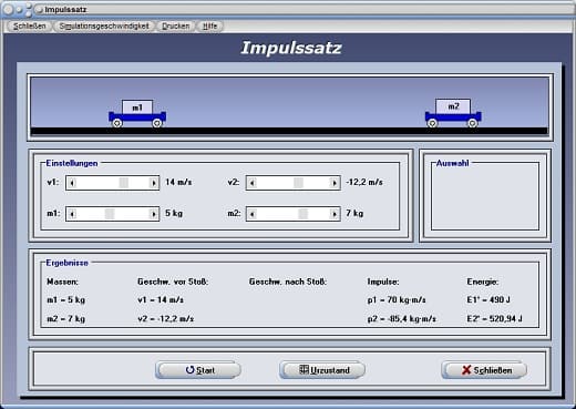 PhysProf - Zentraler Stoß - Zentraler elastischer Stoß - Plastischer Stoß - Zentraler unelastischer Stoß - Bewegung - Realer Stoß - Physikalische Formel - Körper - Verformungsarbeit - Impulssatz - Physik - Physikalisch - Impulse - Rechner - Berechnen - Impulserhaltung - Kraftstoß - Stoßvorgänge - Stoßgesetze - Grafik - Simulation