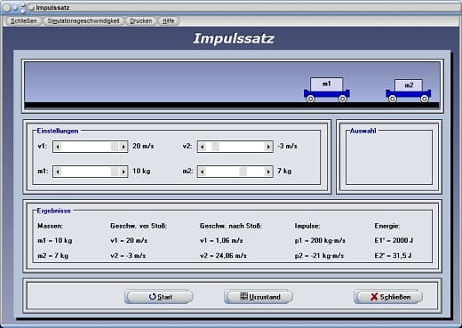 PhysProf - Impulssatz - Präsentation - Versuch - Physikunterricht - Berechnungsformel - Nicht zentrale Stöße - Nicht zentraler elastischer Stoß - Impulserhaltungssatz - Stoß zweier Kugeln - Innere Energie - Zusammenstoß - Aufprall - Vektoriell - Definition - Bewegungsenergie - Energieerhaltungssatz - Berechnen - Impulserhaltung - Mechanik - Rechner - Grafik - Simulation - Impulserhaltung