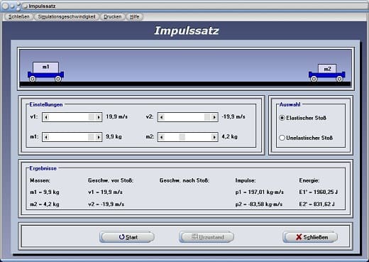 PhysProf - Erhaltungssatz - Bewegungsenergie - Energieerhaltungssatz - Arbeit - Formeln - Impulserhaltung - Berechnen - Gesamtimpuls - Simulation - Stoß - Stoßgesetze - Simulator - Stoß berechnen - Berechnung - Beispiel - Bild - Arbeitsblatt - Arbeitsblätter - Vorgang - Rechner - Mechanik - Formel - Kollision