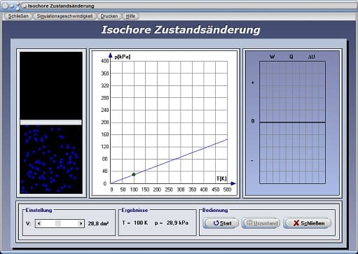 PhysProf - Isochore Erwärmung - Konstantes Volumen - Arbeit - Druck-Temperatur-Diagramm - Thermisch - Thermische Ausdehnung - Thermische Expansion - Thermische Gesetze - Thermische Hauptsätze - Thermische Volumenänderung - Thermische Volumenausdehnung - Thermischer Prozess - Simulation - Animation - Berechnen - Rechner