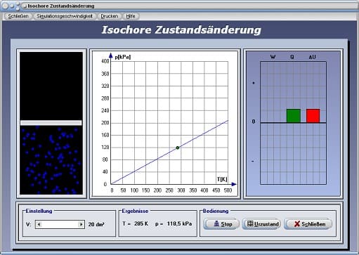 PhysProf - Isochore Zustandsänderung - Druck - Temperatur - Volumen - Wärmeenergie - Wärmekapazität - Gasmasse - Isochor - Isochorer Prozess - pT-Diagramm - Volumen - Temperatur - Gas - Zustandsänderung - Zustandsänderung von Gasen - Darstellen - Rechner - Berechnen - Grafisch - Thermische Energie
