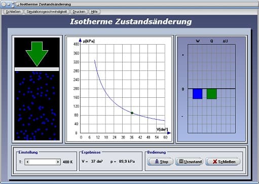 PhysProf - Isotherme Zustandsänderung - Druck - Volumen - Wärmeenergie - Wärmekapazität - Arbeit - Gasmasse - Rechner - Berechnen - Simulation - Animation - Innere Energie - Gas - Gasvolumen - Gasdruck - Thermische Energie - Verdichtung - Ausdehnung - Gaskonstante