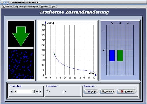 PhysProf - Isotherm - Isothermer Prozess - Isotheme Kompression - Isotherme Expansion - Isotherme Zustandsänderung - Volumen - Druck - Innere Energie - Gaskonstante - Gastemperatur - Gasmasse - Zustandsgrößen - Thermische Ausdehnung - Thermische Bewegung - Wärmeenergie - Arbeit - Rechner - Berechnen