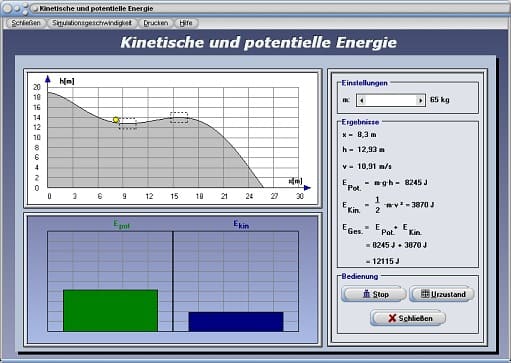 PhysProf - Kinetische Energie - Potentielle Energie - Masse - Geschwindigkeit - Energie - Energieerhaltungssatz - Bewegungsenergie - Beschleunigungsarbeit - Diagramm - Energiemenge - Energieinhalt - Arbeitsvermögen - Formel - Formelbuchstabe - Bild - Physik - Maßeinheit - Mechanische Arbeit - Darstellen - Rechner - Berechnen - Grafik