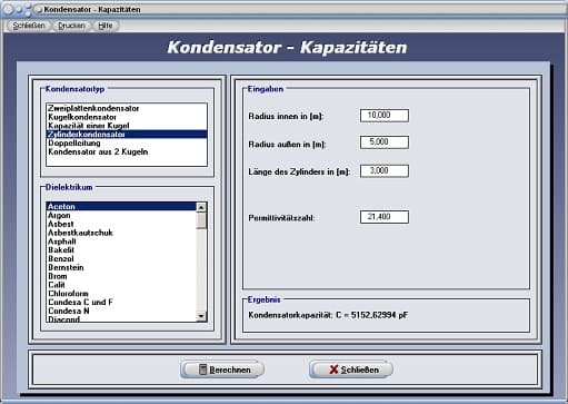 PhysProf - Kondensator - Kapazität - Fläche - Platten - Dielektrizitätszahl - Elektrische Feldkonstante - Zweiplattenkondensator - Farad - Doppelader - Zweidrahtleitung - Paralleldrahtleitung - Plattenabstand eines Kondensators - Eigenschaften - Berechnung - Anzahl - Permittivitätszahl - Dielektrikum - Berechnen - Rechner