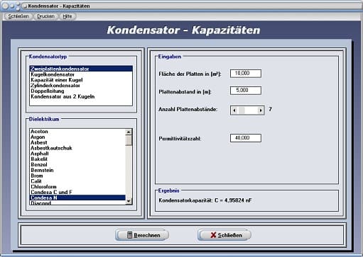 PhysProf - Kondensatoren - Elektrische Kapazität - Relative Permittivität - Dielektrizitätskonstante - Permittivitätszahl - Zweiplattenkondesator - Kugelkondensator - Zylinderkondensator - Kugel - Tabelle - Rechner - Doppelleitung - Plattenabstand eines Kondensators - Berechnen