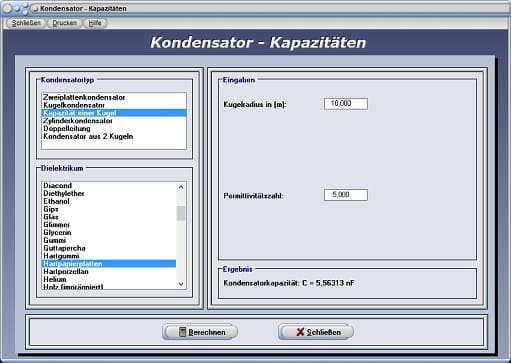 PhysProf - Kondensator - Platten - Kondensatorplatten - Permittivität - Konstanten - Geladene Körper - Fläche - Radius - Oberflächenladung - Kondensatoren - Kapazität - Kapazitäten - Elektrische Kapazität - Plattenabstand - Berechnen - Berechnung