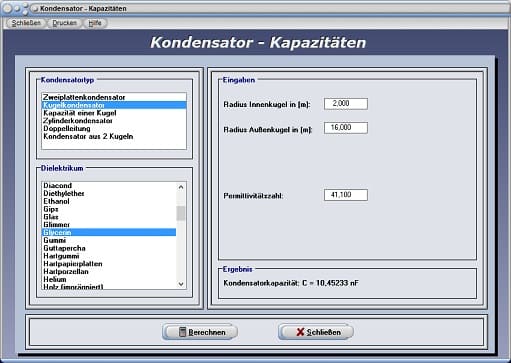 PhysProf - Relative Permittivität - Dielektrizitätskonstante - Permittivitätszahl - Dielektrizitätszahl - Elektrische Feldkonstante - Zweiplattenkondensator - Kugelkondensator - Zylinderkondensator - Kugel - Farad - Tabelle - Rechner - Berechnen 