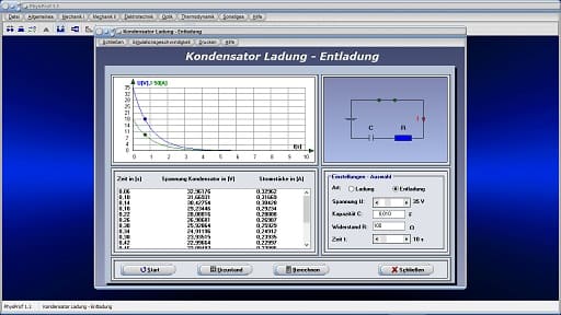 PhysProf - Kondensatorentladung - Entladestrom - Simulation - Animation - Tabelle - Vorgang - Tau - Entladekurve - Kennlinie - Diagramm - Rechner - Berechnen - Abklingfunktion - Spannungsverlauf - Stromverlauf