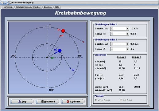 PhysProf - Kreisbewegung - Bewegung auf einer Kreisbahn - Kreisbewegungen - Definition - Tangente - Krummlinige Bewegung - Berechnung der Umlaufdauer - Umdrehungen pro Minute - Simulator - Zweidimensionale Bewegung - Bewegungslehre - Kreisförmige Bewegung - Gleichförmige Kreisbewegung - Dauer - Rechner - Berechnen