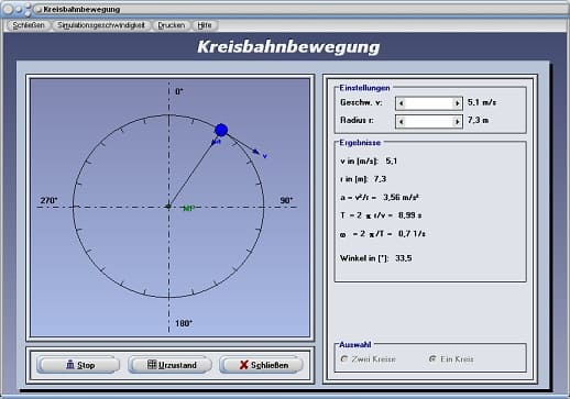 PhysProf -  Bewegung - Kreisbewegungen - Definition - Tangente - Krummlinige Bewegung - Berechnung der Umlaufdauer - Umdrehungen pro Minute - Simulator -  Bewegungslehre - Kreisförmige Bewegung - Periode - Umlaufzeit - Vektor - Geschwindigkeitsvektor - Umdrehungsfrequenz - Darstellen - Rechner - Berechnen - Grafik