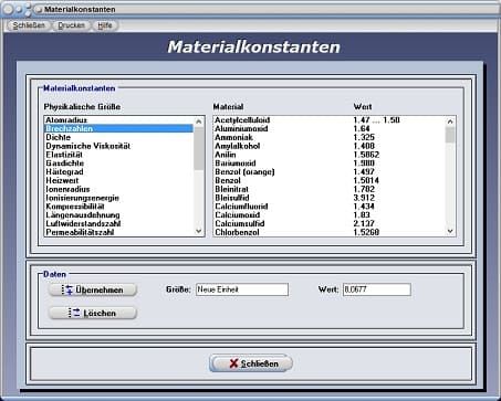 PhysProf - Brechzahlen - Brechzahl - Einheit - Tabelle - Liste - Übersicht