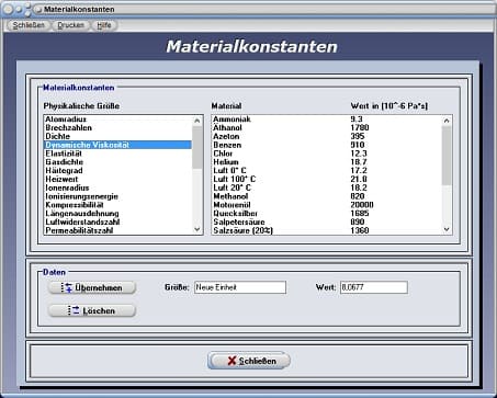 PhysProf - Dynamische Viskosität - Viskosität - Viskositäten - Einheit - Tabelle - Liste - Übersicht