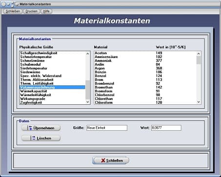 PhysProf - Volumenausdehnung - Einheit - Tabelle - Liste - Übersicht