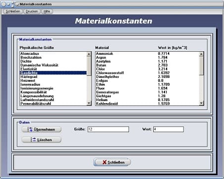 PhysProf - Einheit - Tabelle - Liste - Atomradius - Brechzahlen - Härtegrad - Kompressibilität - Längenausdehnung - Luftwiderstandszahlen - Reibungszahlen - pm - kg/m^3 - Pa·s - GPa - MJ/kg - V - Pa - K - m/s - °C - KJ/Kg - N/m^2 - KJ/Kg - Ohm·mm^2/m - eV - W/m·K - K - KJ/(Kg·K) - W/m·K - N/m^2
