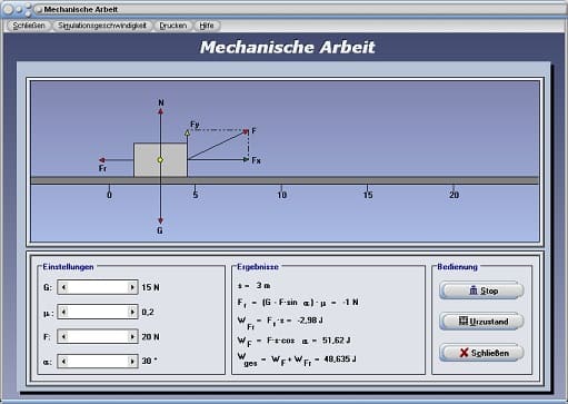 PhysProf - Mechanische Arbeit - Berechnen - Kraft - Weg - Ortsfaktor - Durchschnittsleistung - Mechanischer Wirkungsgrad - Wirkungsgrad - Wirkungsgrade - Gesamtwirkungsgrad - Energie - Arbeit - Gleichung - Reibungsarbeit - Darstellen - Plotten - Grafik - Rechner - Berechnen - Formel