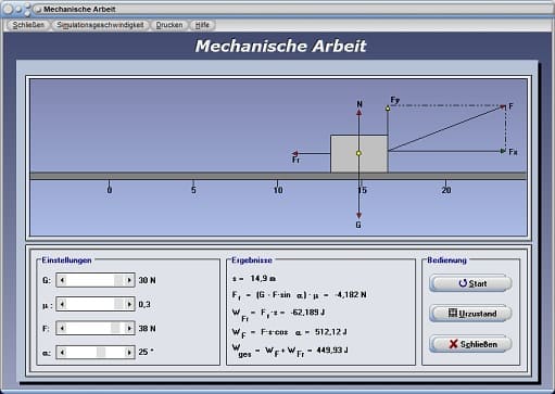 PhysProf - Arbeit - Grafik - Plotter - Simulation - Animation - Mechanische Kraft - Verrichtete Arbeit - Goldene Regel der Mechanik - Gravitationskraft - Reibungskraft - Mechanische Leistung - Leistung - Einheit - Physikalische Einheit - Formel - Berechnen - Simulation