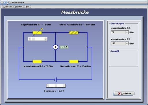 PhysProf - Messbrücke - Rechner - Regelwiderstand - Abgleichen - Abgeglichene Brückenschaltung - Abgeglichene Messbrücke - Messwiderstand - Unbelastete Brückenschaltung - Messschaltung - Messwiderstand - Abgleichbedingung - Formel