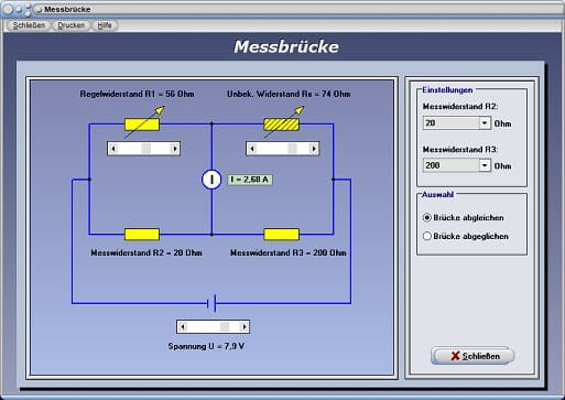 PhysProf - Belastete Messbrücke - Belastete Brückenschaltung - Messschaltung - Abgleichen - Messwiderstand - Abgleich - Strom - Spannung - Simulation - Berechnen - Schaltung - Schaltplan - Rechner - Formel - Berechnung - Unbelastete Brückenschaltung