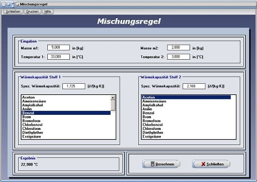 PhysProf - Mischungsregel - Masse - Temperatur - Wärmekapazität - Rechner - Berechnen - Mischungsrechner - Mittlere Temperatur - Spezifische Wärmekapazität - Mischungstemperatur - Gesetzmäßigkeiten - Wärmekapazitäten - Formel - Einheit - Mittlere Temperatur